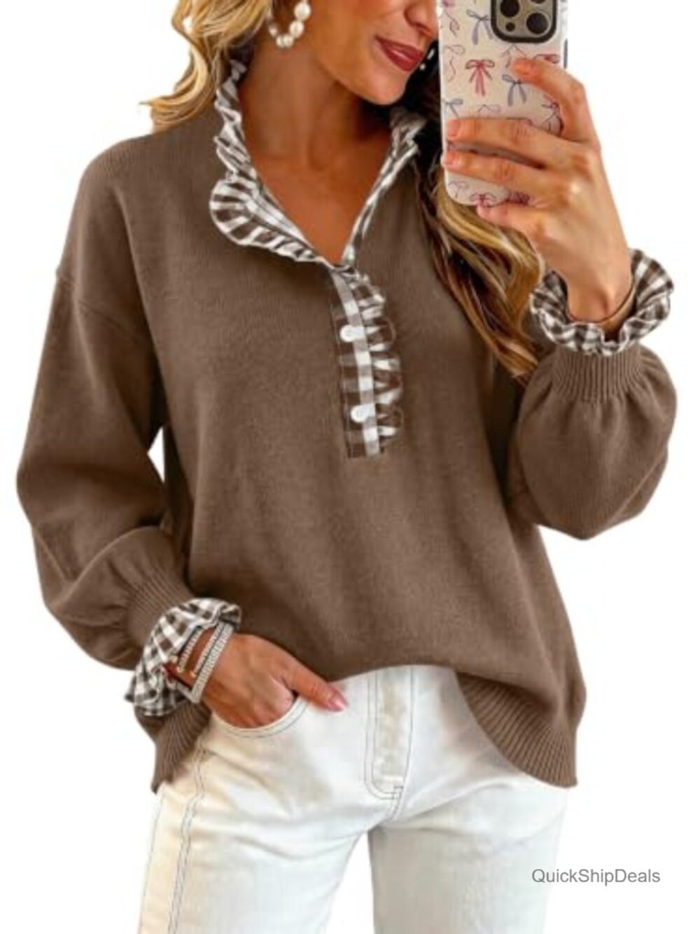Womens Ruffle Knit V-Neck Button Pullover Sweater Long Sleeve